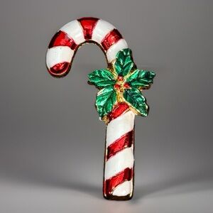 Goldtone red white candy, cane, festive holiday Christmas brooch